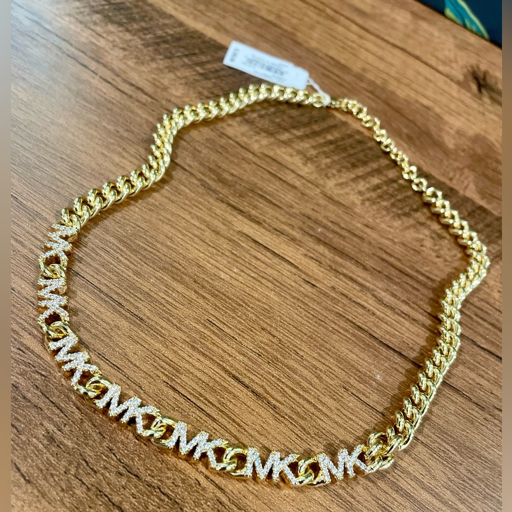 Precious Metal-Plated Brass Pave Michael Kors Logo Necklace NWT